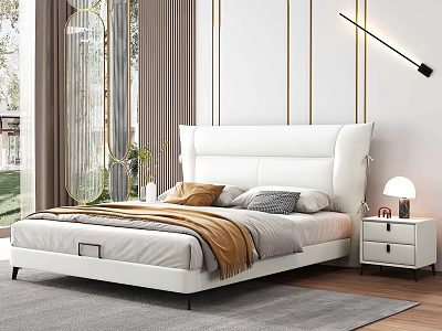Modern White Leather Double Bed with Gold Line Wall Nightstand and Table Lamp 3d model