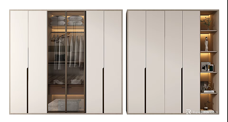 Modern Wardrobe With Glass And Closed Doors Featuring Storage Compartments And Black Handles 3d model 