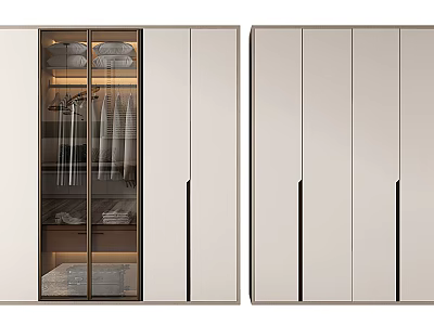 Modern Wardrobe With Glass And Closed Doors Featuring Storage Compartments And Black Handles 3d model