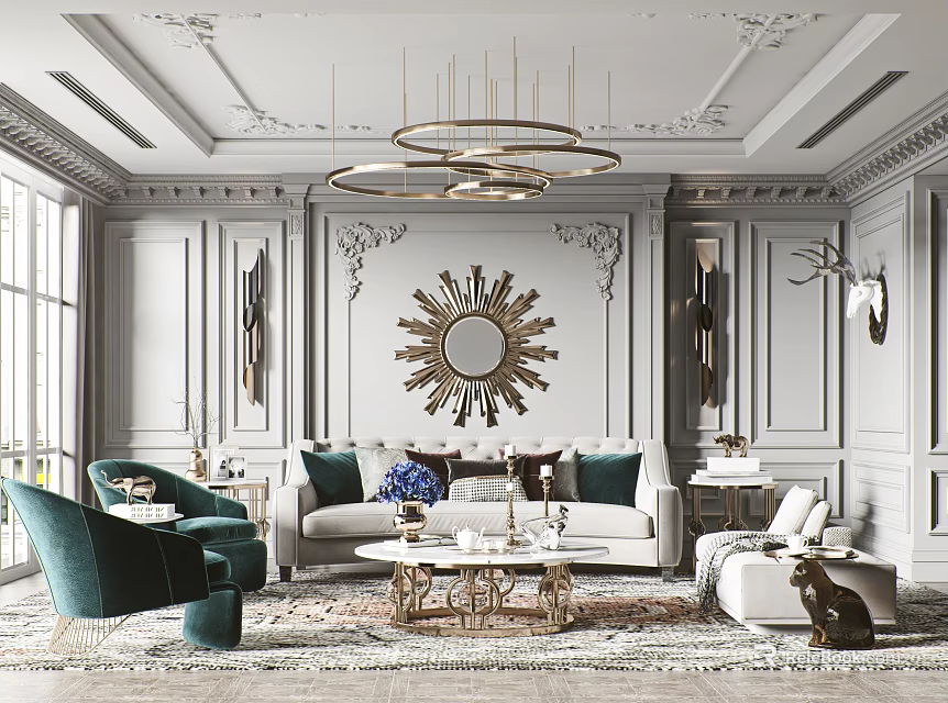 Elegant Living Room Interior With Gold Chandelier Sunburst Mirror White Sofa And Green Accent Chair 3d model 