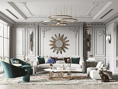 Elegant Living Room Interior With Gold Chandelier Sunburst Mirror White Sofa And Green Accent Chair 3d model