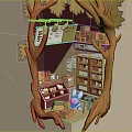 Cartoon Scene of Tree Hollow Shop With Shelves Books Boxes And Small Table Chairs