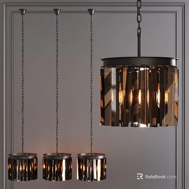 Modern Chandelier With Metal Chains And Geometric Glass Shade Hanging Over Gray Wall 3d model 