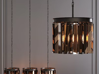 Modern Chandelier With Metal Chains And Geometric Glass Shade Hanging Over Gray Wall 3d model
