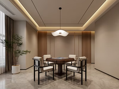 Elegant Hotel Mahjong Room Interior With Wooden Table Chairs Pendant Light And Indoor Plant 3d model