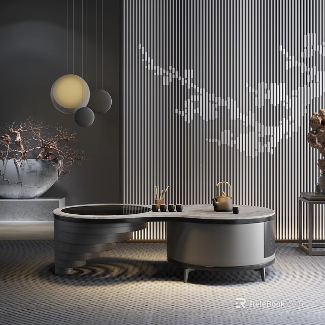 Modern Round Black Coffee Table with Hanging Lights Striped Wall and Tea Sets 3d model