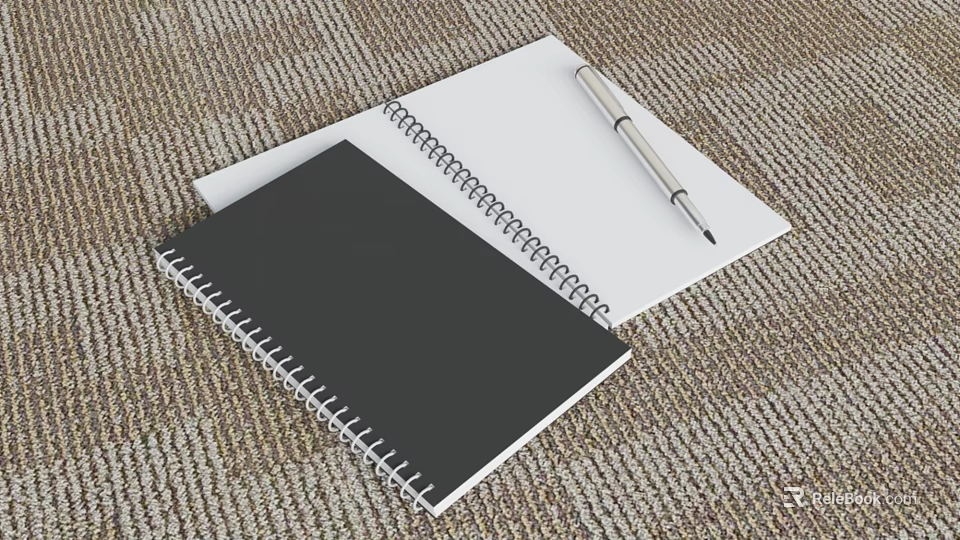 Black And White Spiral Notebooks With Silver Pen On Carpet Surface 3d model