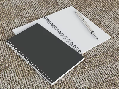 Black And White Spiral Notebooks With Silver Pen On Carpet Surface 3d model