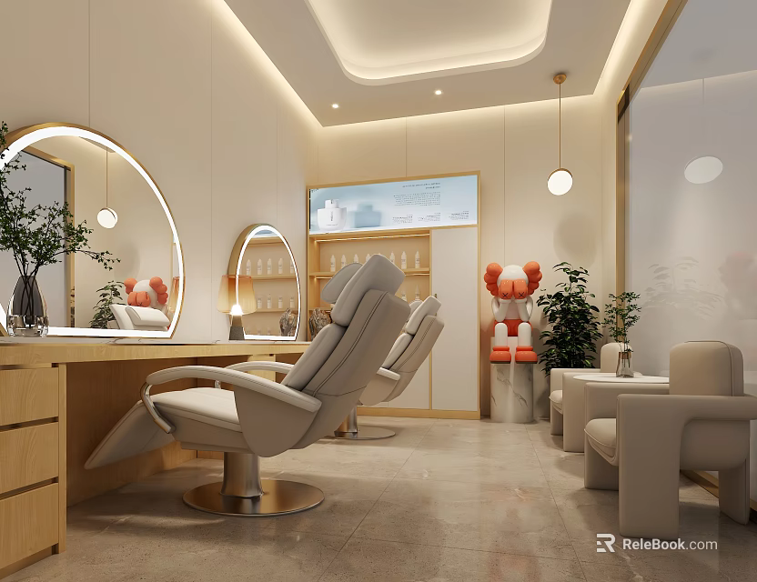 Modern Beauty Salon Interior With Neutral Tones Comfortable Chairs Mirrors Green Plants And Warm Lighting 3d model 