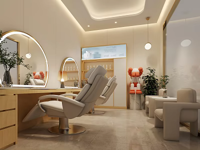 Modern Beauty Salon Interior With Neutral Tones Comfortable Chairs Mirrors Green Plants And Warm Lighting 3d model