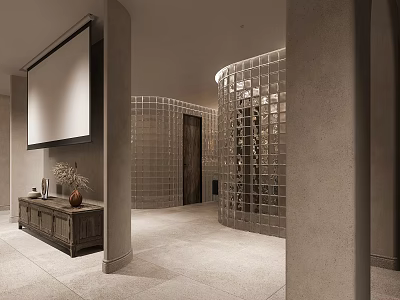 Minimalist Modern Reception Room With Glass Bricks Projection Screen And Vintage Cabinet 3d model