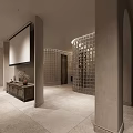 Minimalist Modern Reception Room With Glass Bricks Projection Screen And Vintage Cabinet