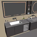 Bathroom Vanity Cabinet With Double Sink Gray Cabinetry Round LED Mirror And Toiletries Shelf