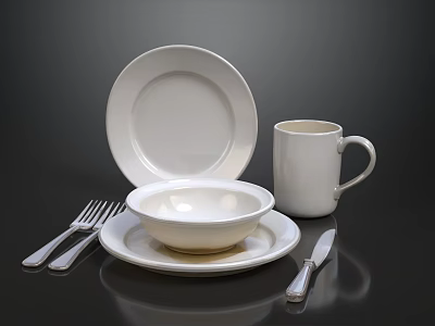 White Dinnerware Set Including Large Plate Small Plate Bowl Mug Fork And Knife 3d model