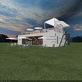 Modern Café Exterior Design With Outdoor Seating Area Lawn Umbrellas Glass Walls and Upper Deck