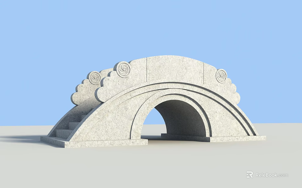 Ornate Traditional Stone Arch Bridge Architectural Design With Cloud Decorations And Steps 3d model 