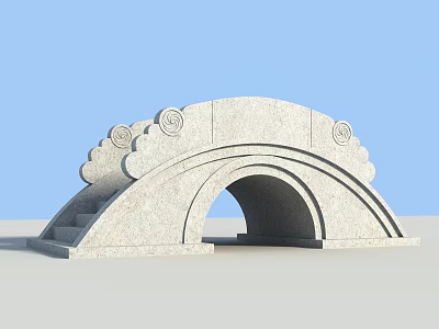 Ornate Traditional Stone Arch Bridge Architectural Design With Cloud Decorations And Steps 3d model
