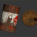 Old Rusty Barrels With Flammable Labels And Red Hazard Symbols On Dark Reflective Surface
