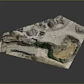 Detailed Mountainous Terrain Model Featuring Rocky Landforms and Green Vegetation Areas