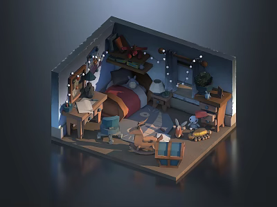 Cartoon Room Interior With Bed Desk Rabbit Plush Toys And String Lights 3d model