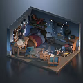 Cartoon Room Interior With Bed Desk Rabbit Plush Toys And String Lights