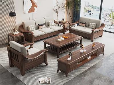 Modern Wooden Living Room Sofa Set With Coffee Table Side Tables And Decorative Cushions 3d model