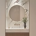 Elegant Bathroom Vanity Rack With Marble Countertop Round Mirror Gold Faucet And Decorative Items