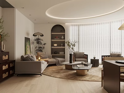 Modern Living Room Interior With Gray Sofa Round Rug Coffee Table Floor Lamp And Potted Plants 3d model