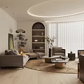 Modern Living Room Interior With Gray Sofa Round Rug Coffee Table Floor Lamp And Potted Plants