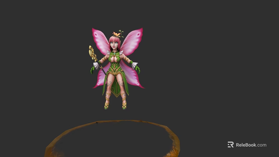 Fantasy Game Fairy Character With Pink Hair Pink Wings Green Outfit And Golden Staff 3d model 