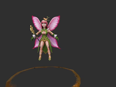 Fantasy Game Fairy Character With Pink Hair Pink Wings Green Outfit And Golden Staff 3d model