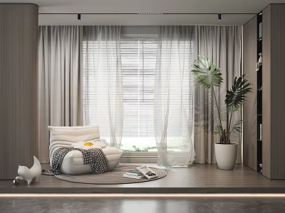 Modern Casual Sofa Set with Grey Rug White Blinds Curtains and Indoor Plant by Window 3d model