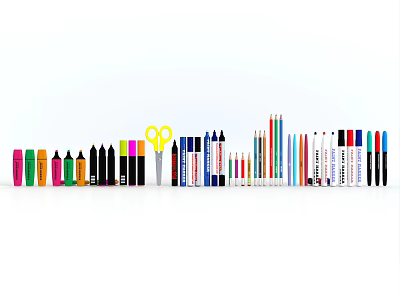Various Colorful Writing Pens Including Colored Markers And Different Types Arranged On White Surface 3d model