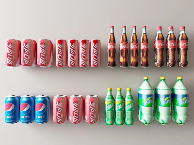 Assorted Carbonated Beverages in Cans and Bottles Including Coca-Cola Pepsi and Green Drinks 3d model