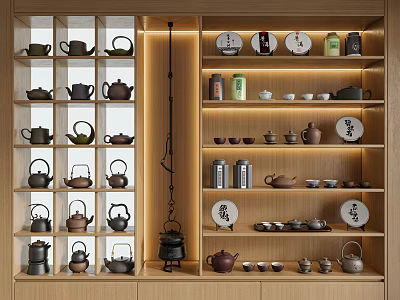 Traditional Ceramic Tea Sets Arranged on Wooden Shelves with Teapots Cups and Trays 3d model