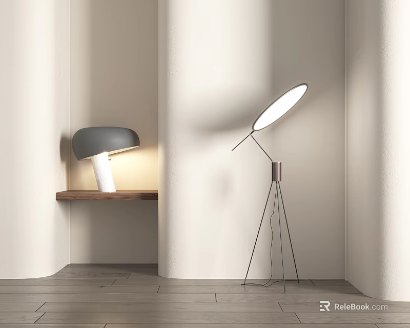 Lamp Combination with Gray Shade Table Lamp and Metal Stand Floor Lamp in Minimalist Interior 3d model 