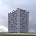 Modern Tall Office Building With Large Glass Windows Gray Exterior Green Lawn And Sky Background