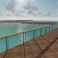 Winding Scenic Wooden Boardwalk Bridge Extending Over Turquoise Water Surface