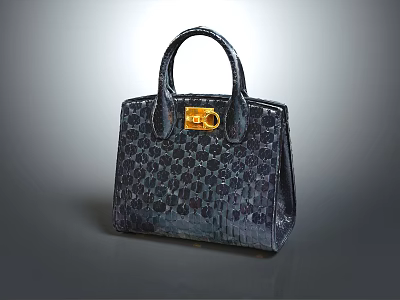 Elegant Navy Blue Handbag With Crocodile Texture And Gold Lock Design 3d model