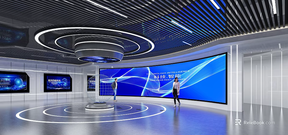 Tech Inspired Exhibition Hall Interior Featuring Blue Large Screen Curved Ceiling and Circular Floor Lines 3d model