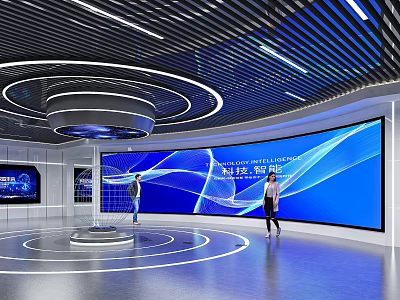Tech Inspired Exhibition Hall Interior Featuring Blue Large Screen Curved Ceiling and Circular Floor Lines 3d model