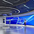 Tech Inspired Exhibition Hall Interior Featuring Blue Large Screen Curved Ceiling and Circular Floor Lines