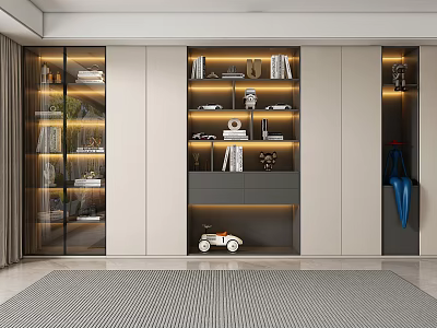 Modern Wall Design With Display Shelves Books Decorative Items Glass Doors And LED Lights 3d model