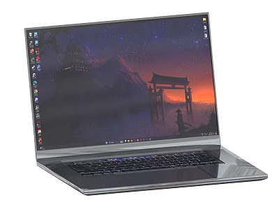 Modern Laptop With Screen Displaying Scenic Wallpaper Mountain Torii Gate Figure Starry Sky Sunset 3d model