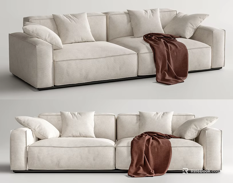 Light Colored Sectional Sofa With Multiple Pillows And Brown Blanket For Cozy Living Room 3d model 