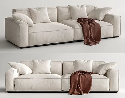 Light Colored Sectional Sofa With Multiple Pillows And Brown Blanket For Cozy Living Room 3d model