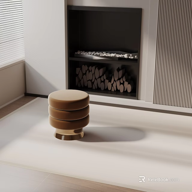 Round Brown Multi tiered Side Table With Gold Metal Base In Modern Interior With Fireplace 3d model 