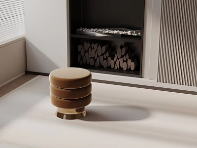 Round Brown Multi tiered Side Table With Gold Metal Base In Modern Interior With Fireplace 3d model