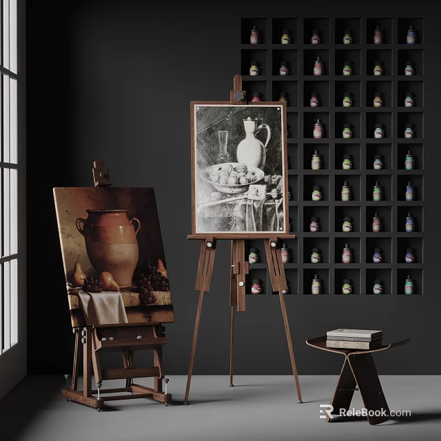 Art Studio with Easels Still Life Paintings Sketch Books and Colorful Paint Bottles 3d model 