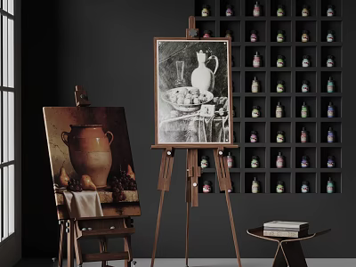 Art Studio with Easels Still Life Paintings Sketch Books and Colorful Paint Bottles 3d model